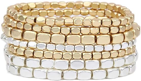 Stretch Clasp Alloy Beaded Bangle Bracelet Set - Rosemarie Collections Women's Chunky Nugget Design for Fashion-forward Appeal