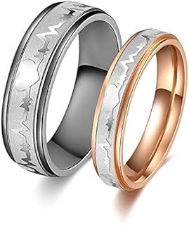 His & Hers Matching Titanium Wedding Band Ring Set with Heartbeat Chart Design, Size 5