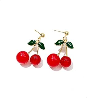 Cute Fruits Earring 18K Gold Plated Green Leaves and Red Cherry Charm Dangle Drop Earrings For Women Girls