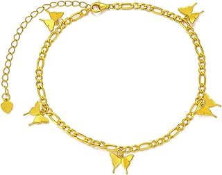 Lobster Claw Clasp 14k Gold-Plated Butterfly Anklet with Figaro Chain and Cubic Zirconia Detailing for Women and Girls - Bohemian Design