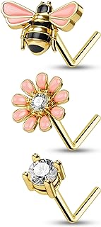 CM Crareesi Mania Bee Nose Studs 316L Stainless Steel Nose Rings Stud Pack 20 Gauge Gold Nose Piercing Jewelry L Shaped Nose Rings for Women