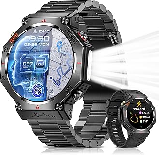 Fusho デュアルバンド付きスマートウォッチは、3ATM防水と軍用規格を備えた高齢者見守りに最適。Bluetooth通話とAI音声アシスタントも。