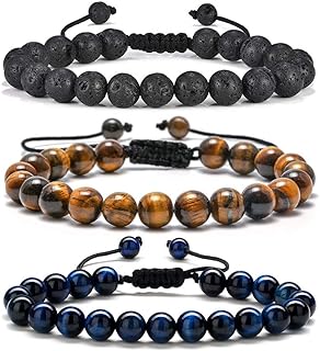 Lava Rock, Matte Agate & Tiger Eye Stone Bracelet - M MOOHAM Adjustable Link Bracelet For Men and Teen Boys - Classic Design with No Gemstone - Ideal for Fathers Day, Birthday or Anniversary Gifts