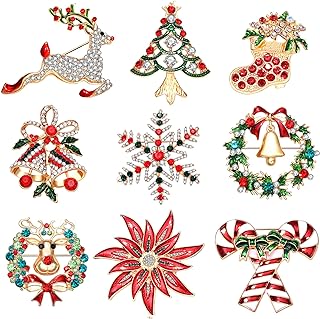 Crystal-Embellished Christmas Wreath Brooch with Butterfly Clasp for Women, Set of 9 Diverse Holiday Designs