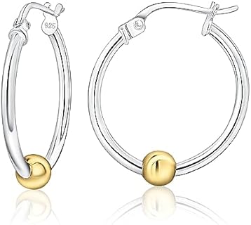 Click-Top Sterling Silver Ball Hoop Earrings for Men, Women, Teens - Chic Bead Accent Design in Multiple Sizes (12mm, 15mm, 18mm, 25mm) in Silver, Yellow or Rose Gold Options