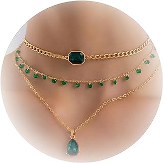 Emerald Choker Necklaces Gold Layered Necklace Green Crystal Pendant Necklace Teardrop Square Shaped Pendant Necklace Jewelry Gifts for Women Girls