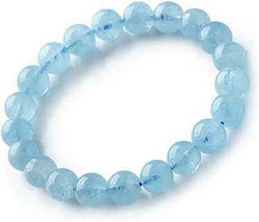 Spring Ring Clasp Natural Aquamarine Bead Chain Bracelet for Men and Women, Blue Crystal Round Beads Fashion Jewelry