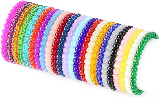 24-Piece Set of Multicolor 6mm Glass Bead Elastic Bracelets for Women - Round Design, Handmade Bead Chain - Ideal Jewelry Gift Options