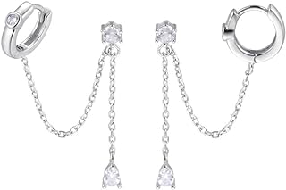 SLUYNZ 925 Sterling Silver Double Piercing Earrings Huggie Cuff Droplet Chain for Women Teen Girls Hoop Earrings Double Holes Dangle Earrings Cartilage Helix Piercing Earrings Chain