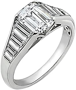 Tapered Baguette & Emerald Cut Ring 925 Sterling Silver Single Prong Set Engagement Ring Band | 4.00 Carats Cubic Zirconia CZ Simulated Diamond