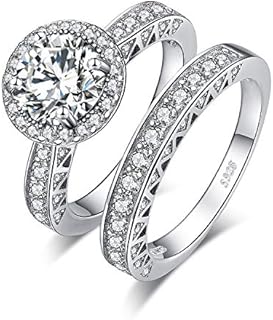 JewelryPalace 14K Gold Plated 925 Sterling Silver Cubic Zirconia Promise Rings for Her, Wedding Bands Engagement Rings for Women, Vintage Thick Anniversary 2ct Halo Simulated Diamond Ring Sets