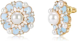Vintage Pearl and Cubic Zirconia Stud Earrings with Push Back for Women and Girls by ZENLUNANO - 18K Gold Plated Brass with Blue Drip Flower Design