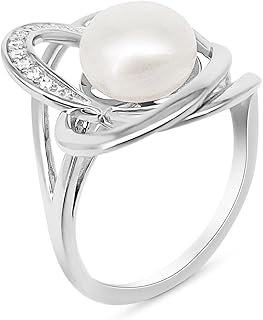 PERORNO Bague en perle de culture blanche 9 mm, haut orient, en argent 925 avec zircones pour femme, parfaite pour toutes les occasions. Cadeau idéal pour événements spéciaux