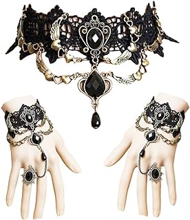 Lace Choker Necklace with Bracelet Set Punk Party Gothic Vintage Handmade Lolita Retro Victorian Vampire Punk Pendant Necklace Bracelet Wristband for Women Black– Style 2