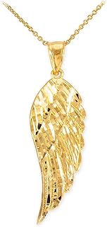 Religious Jewelry 10K Yellow Gold Dangling 1-1/5" Angel Wing Charm Pendant Necklace with Rolo Chain - Your Choice of Chain Lengths