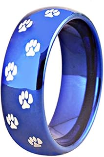 Durable Tungsten Carbide Dog Engagement Ring with Paw Print Moto Design for Men and Women - Comfort Fit, Silver/Black/Blue Tones
