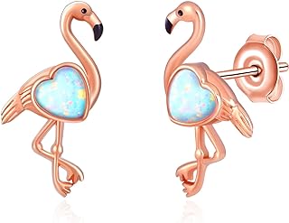 925 Sterling Silver Opal Flamingo Stud Earrings with Screw Back for Women, Tropical Bird Design