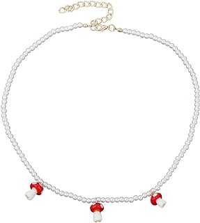 Vintage Mushroom Pendant Necklace Cute Moon Star Red Mushroom Creative Choker Necklace Pearl Chain Necklace Gifts for Women Girls