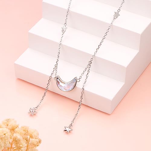 Ladytree 925 Sterling Silver Jewelry Crescent Moon and Star Pendant Necklace