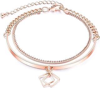 Lobster Claw Clasp Square Charm Bracelet - Bead Chain Design for Women & Girls - Delicate Rose Gold Metal Layered Bangle Friendship & Wedding Jewelry