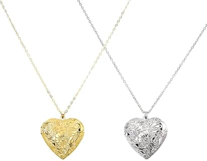 2 Set Locket Pendant Necklace for Women Girls, Classic Heart Photo Locket that Hold Picture Custom Love Heart Image Necklaces Vintage Jewelry Set Personalized DIY Gifts for Anniversary Birthday