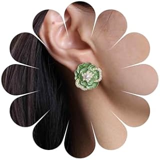 Lever Back Green Flower Pearl Stud Camellia Engagement Earrings for Women and Girls