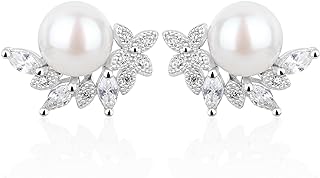 Women's Elegant Natural Pearl and Cubic Zirconia Stud Earrings in 925 Sterling Silver, AAAA Quality, Push-Back Design for Comfort and Secure Fit, Perfect for Any Occasion