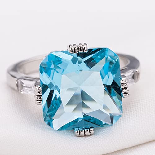 KOICCVQQ Vintage Fashion Women 925 Sterling Silver Cut Aquamarine Cubic Zircon Blue Topaz Four Claw Engagement Wedding Ring Cocktail Knuckle Stacking Finger Rings (Size 9)