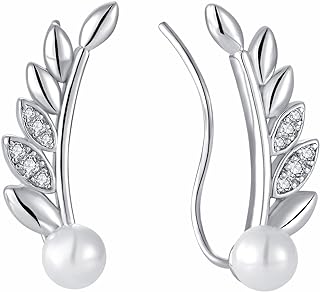 Push-Back Pearl Cuff Earrings with Cubic Zirconia Detail for Women - Sterling Silver Climber Design, Ideal Gift for Mom, Girlfriend, or Daughter