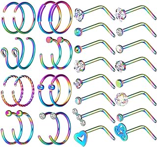 Longbeauty 32Pcs C-Shaped Nose Ring L-Shaped Nose Studs Bone Tragus Cartilage Hoop Rings Piercings 20g for Men Women