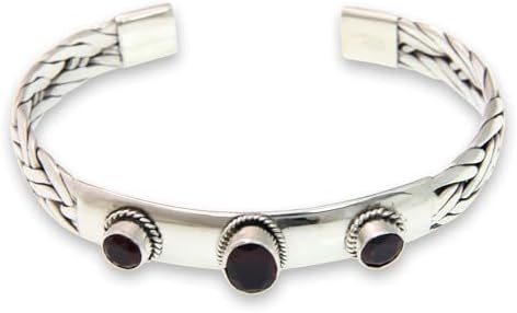 NOVICA Artisan Handmade Garnet Cuff Bracelet Braided Sterling Silver with Three Garnets Red Indonesia Marsala Birthstone [6 in L (end to End) x 0.4 in W] ' Three Guardians'