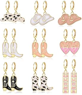 Lever Back Western Dangle Earrings Alloy Material - 9 Pair Set Cowboy Cowgirl Boot Design for Women/Female - No Gemstone