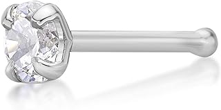Lavari 14K White Gold Nose Ring with Cubic Zirconia Gem, Straight Stud Design for Women and Girls, Elegant 3mm Width