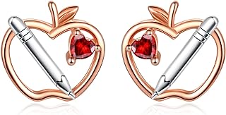 Teacher Appreciation Sterling Silver Book Stud Earrings with Cubic Zirconia for Women - Apple Pencil Design