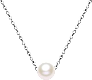 10K Yellow Gold Pearl Choker Necklace with Spring Ring Clasp and Cable Chain for Women, Single Floating 8mm White Freshwater Cultured Pearl Design