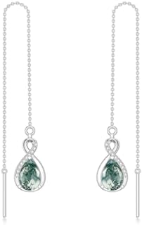 Moss Agate Infinity Threader Drop Earrings in 925 Sterling Silver for Women - Elegant Long Chain Design