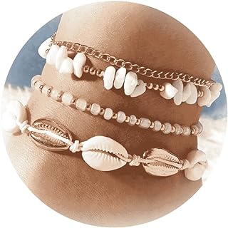Adjustable Boho Beaded Natural Shell Bracelet with Zinc Bead Chain and Buckle Clasp for Women and Girls