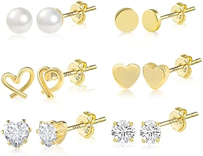 Earring Sets for Multiple Piercing | 14K Gold Plated Studs Earrings and Hoops Set Hypoallergenic Small Hoop CZ Ball Studs Earrings for Women Girls（6 Pairs）