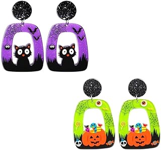 Women's Halloween Theme Acrylic Drop Earrings with Alloy Metal - Spooky Ghost, Witch, Pumpkin, Spider Web, & Black Cat Designs