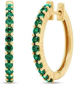 Jewel Zone US Round Cut Simulated Emerald Elongated Hoop Earrings in 14k Yellow Gold Over Sterling Silver