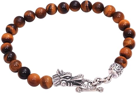 Handmade NOVICA Men's Tigers Eye 'Dragon Pride' Beaded Bracelet from Bali - Crafted with .925 Sterling Silver and Bead Chain with Secure Toggle Clasp