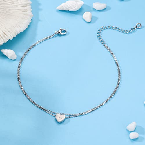 Silver Heart Initial Ankle Bracelets for Women, 14K White Gold Filled Handmade Dainty Layered Silver Anklet Letter Initial Heart Ankle Bracelets for Women Silver Summer Foot Beach Jewelry
