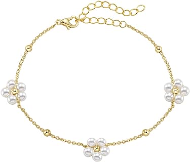 Daisy Pearl Flower Bracelet Dainty 14K Gold Beaded Chain Bracelet for Women Girls Jewelry Gifts