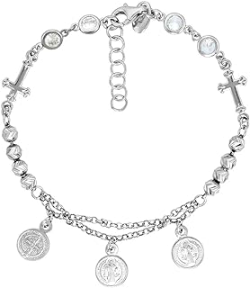Rhodium-Flashed-Silver St. Benedict Cross Bracelet for Ladies with Stunning Diamond Cut CZ Beads on a Rolo Chain, 7-8 inches