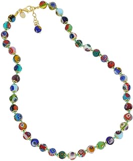 Glass Of Venice Murano Glass Necklace Shorter Length 17-Inches - Italian Millefiori Multicolor Mosaic Beads Handmade Blown Glass - Murano Glass Necklaces For Women