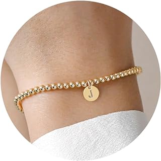 14K Gold-Plated Stainless Steel Beaded Name Bracelet with Initial Charm for Women, Nickel-Free and Hypoallergenic, Adjustable Length with Lobster Clasp, Ideal Gift for Special Occasions