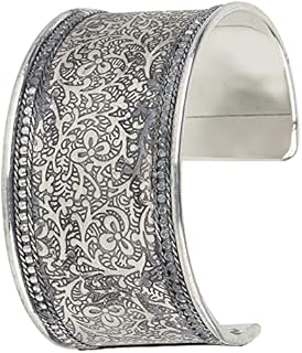 Indian Bollywood Starry Fashion Handcrafted Exotic Etched Filigree 1.50" Style Definition Designer Jewelry Cuff Bracelet In Antique Silver Tone For Women.
