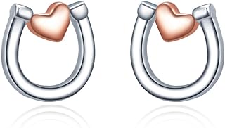 Push-Back Sterling Silver Horse Stud Earrings with Cubic Zirconia for Women & Girls, Horseshoe Design - Hypoallergenic
