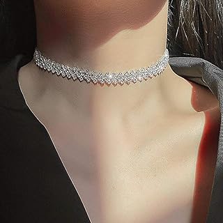 JEAIRTS Rhinestone Choker Necklace Silver Diamond Row Necklaces Sparkly Crystal Necklace Chain Jewerly Fashion Minimalist Party Prom Accessories for Women and Girls