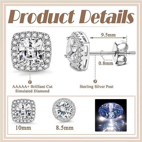 Cubic Zirconia Studs | S925 Sterling Silver Earrings for Women Men | Hypoallergenic 18K White Gold Round Square Brilliant Large Simulated Diamond Halo Stud Earrings